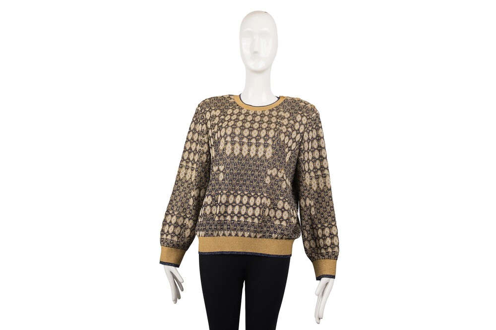 Chanel Gold Navy Shoulder Padded Sweater Metallic Lurex Knit Gold Hardware Size